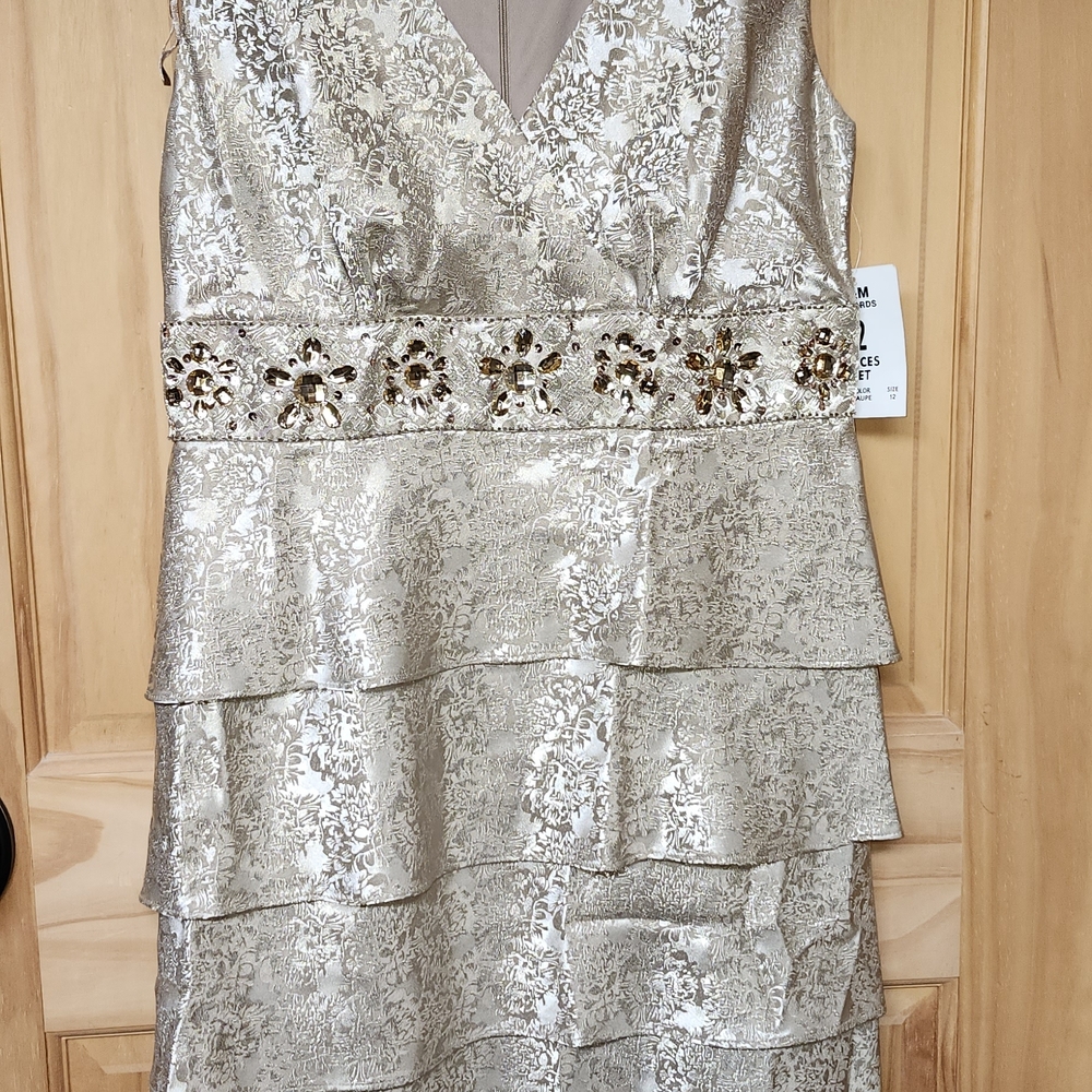 R & M Richards Metallic Gold Tiered Midi Dress